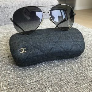 AUTHENTIC CHANEL Denim Silver Aviator Sunglasses